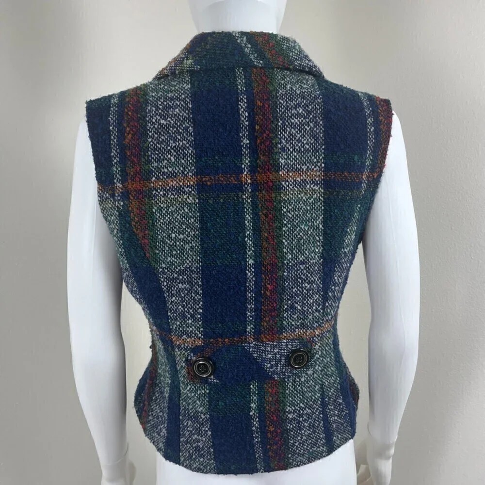Cabi Size S Wool Plaid Double Breasted Sleeveless Vest Sweater Holiday Party
